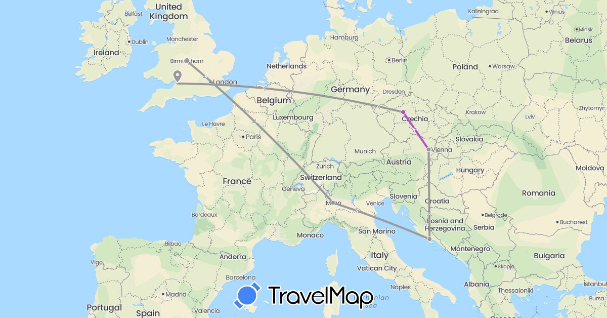 TravelMap itinerary: driving, plane, train in Austria, Czech Republic, United Kingdom, Croatia, Italy (Europe)
