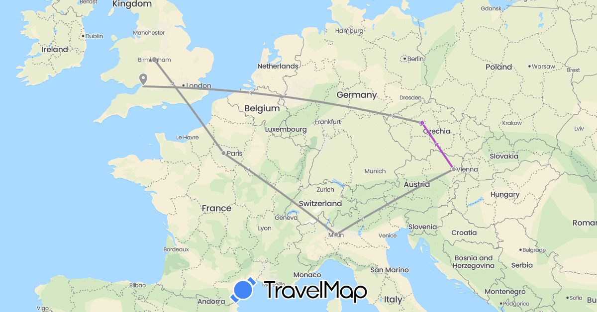 TravelMap itinerary: driving, plane, train in Austria, Czech Republic, France, United Kingdom, Italy (Europe)